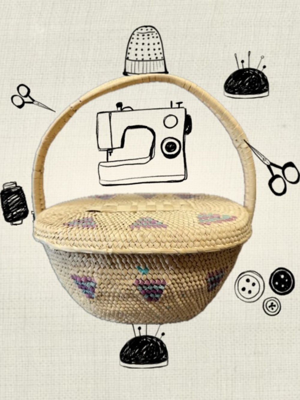 Vintage handmade lidded basket crafted from natural coiled straw/grass fibers.